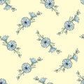 Seamless pattern in pastel colors branches with blue chicory flowers on a yellow background. Royalty Free Stock Photo