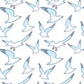 Seamless pattern in pastel colors of sea theme. Flying white gulls.