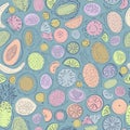 Seamless pattern with pastel fruit - papaya, lemon, orange, tangerine, mango, mangosteen, rambutan, coconut, dragonfruit. Royalty Free Stock Photo