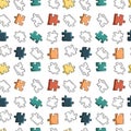 Seamless pattern with pastel jigsaw puzzle pieces on white background. Vector sketch illustration in doodle, cartoon vintage Royalty Free Stock Photo