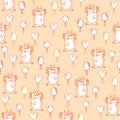 Seamless pattern with pastel orange funny shaggy monsters and yellow, orange and pink balloons on a orange background