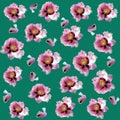 Seamless pattern: pastel peony tree flowers with scattered flower petals on a moss background, close-up