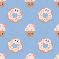 Seamless pattern with pastry characters. cute cartoon donut and cupcake on blue background. Vector Illustration for Royalty Free Stock Photo