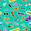 Seamless pattern with patch badges. Pop art. Vector background stickers, pins, patches in cartoon 80s-90s comic style Royalty Free Stock Photo