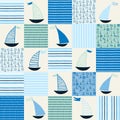 Seamless pattern, patchwork with hand drawn sailing boats, anchors, life belts, waves