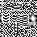 Seamless pattern in patchwork style. Zebra, leopard fur, ethnic and tribal motifs. Black and white patchwork print. Handwork.