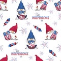 Seamless pattern with patriotic adorable gnomes with USA letters and American symbols
