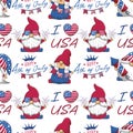 Seamless pattern with patriotic charming gnomes and the inscription I love USA Royalty Free Stock Photo