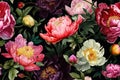 Seamless pattern with a pattern of peonies on a dark background. Generative AI. Can be used for textiles, yoga mats, phone cases