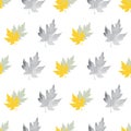 Seamless pattern with patterned leaves. Complex illustration print in grey, black, white and yellow.