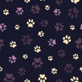 Seamless pattern with patterned paws. Complex illustration print in yellow, lilac, purple, grey and black