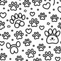 Seamless pattern paw prints, hearts, and dots on a white backdrop in a cute cartoon style Royalty Free Stock Photo