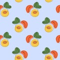 Seamless pattern with peach on blue background. Continuous one line drawing peach. Black line art on blue background Royalty Free Stock Photo