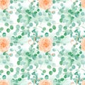 Seamless Pattern with Peach and Orange with English Rose Austin Flower and Eucalyptus Background and Eucalyptus