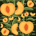 Seamless pattern of peach whole and sliced with green leaves flat vector illustration on green background Royalty Free Stock Photo