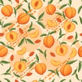 Seamless pattern of peach whole and sliced with green leaves flat vector illustration on beige background Royalty Free Stock Photo