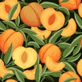 Seamless pattern of peach whole and sliced with green leaves flat vector illustration on black background Royalty Free Stock Photo