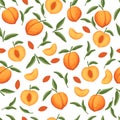 Seamless pattern of peach whole and sliced with green leaves flat vector illustration on white background Royalty Free Stock Photo