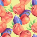 Seamless pattern of peaches, apples, plums. Fruits painted in watercolor. Royalty Free Stock Photo