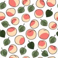 Seamless pattern with peaches and leaves on a white background. Fruit pattern for your design.Scandinavian style. Royalty Free Stock Photo