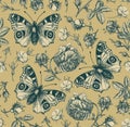 Seamless pattern peacock butterfly Realistic isolated flowers Vintage background Rose Wallpaper Drawing engraving agrostemma