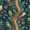 Seamless pattern with peacock feathers and paisley. Vector illustration