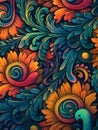 Seamless pattern with peacock feathers and swirls. Vector illustration