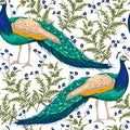 Seamless pattern with peacock, flowers and leaves. Royalty Free Stock Photo