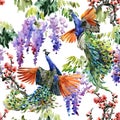 Seamless pattern with peacocks bird, tropical japanese flowers, wisteria