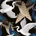 Seamless pattern with peacocks and herons. Vector. Royalty Free Stock Photo