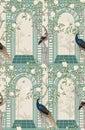 Seamless pattern with peacocks, peonies and alcove in chinoiserie style. Vector. Royalty Free Stock Photo
