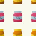 Seamless pattern with peanut butter jars and jelly jars on light background. Flat style Royalty Free Stock Photo
