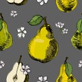 Seamless pattern with pear and flowers.Vintage ink hand drawn vector of different pears and flowers of pear on grey Royalty Free Stock Photo