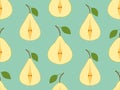 Seamless pattern with pear halves with one leaf. Pear cut in half. Design for printing on fabric, banners and promotional items.