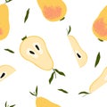 Seamless pattern with pears and leaves. Colorful juicy fruit pears. Vector hand drawn pattern on white background