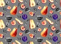 Seamless pattern of pears, plums and leaves