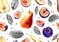 Seamless pattern of pears, plums and leaves