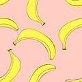 Seamless pattern with peeled bananas. Linear doodle drawing of fruit in minimalism style. Modern summer print.