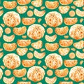 Seamless pattern of peeled tangerine and slices isolated on green background. Watercolor illustration.