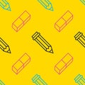 Seamless pattern with pen, eraser line icons. Work tools background, writing illustration. Yellow wallpaper for