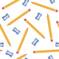 Seamless pattern with pencils and blue sharpeners isolated on white background. Cartoon style. Vector illustration for design, web Royalty Free Stock Photo