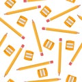 Seamless pattern with pencils and orange sharpeners isolated on white background. Cartoon style. Vector illustration for design, Royalty Free Stock Photo