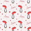 Seamless pattern with penguin,balloons and hearts. Background for wrapping paper, textile, posters, cards