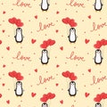 Seamless pattern with penguin,balloons and hearts. Background for wrapping paper, textile, posters, cards.