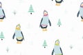 Seamless pattern with funny penguin cartoon character wearing warm clothing funny posture. Winter holidays theme.