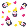 Pattern with a penguin, hearts and stars