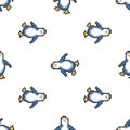 Seamless pattern with penguins. Cute pixel penguins. 8 bit vector illustration. Winter animals pattern.