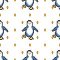 Seamless pattern with penguins. Cute pixel penguins. 8 bit vector illustration. Winter animals pattern.