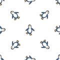 Seamless pattern with penguins. Cute pixel penguins. 8 bit vector illustration. Winter animals pattern.