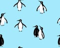 Seamless pattern penguins hand drawing with black ink